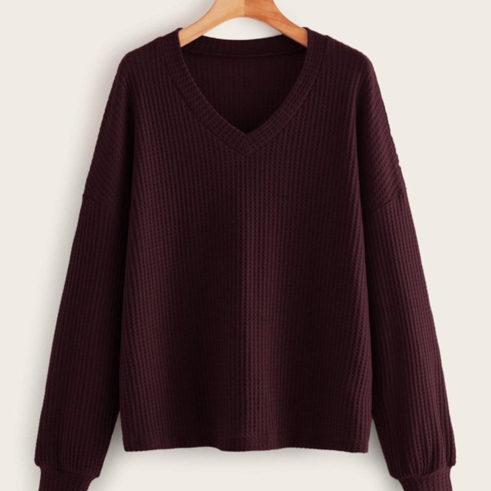 NEW V-Neck Long Sleeve Waffle Weave Knit Top SHEIN